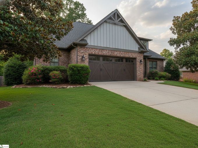 Custom dark wood-look carriage garage door installed on a brick craftsman-style home in Greer, South Carolina.