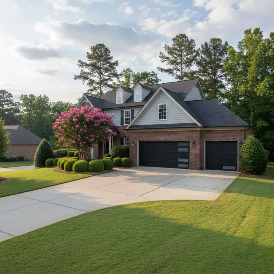 Exterior of a multi-car garage on a brick home in Greer, SC, with black modern doors and a well-landscaped lawn, illustrating a large residential system where noise can signal dangerous mechanical imbalance.