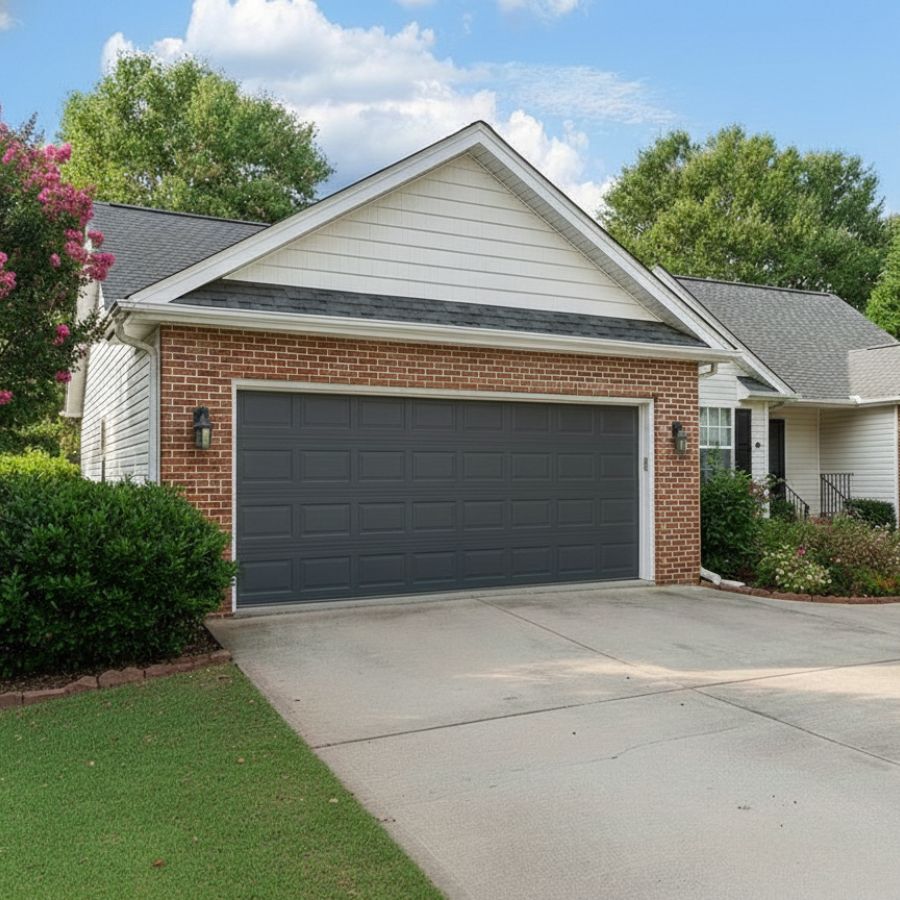 Charcoal gray raised panel garage door without windows installed on a brick and siding suburban home in Greer, South Carolina.