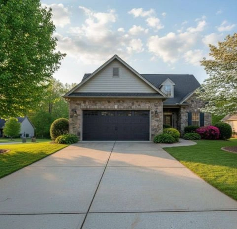A dark charcoal double-car garage door with arched windows, perfectly complementing a stone and siding residential home by Greer Garage Doors.