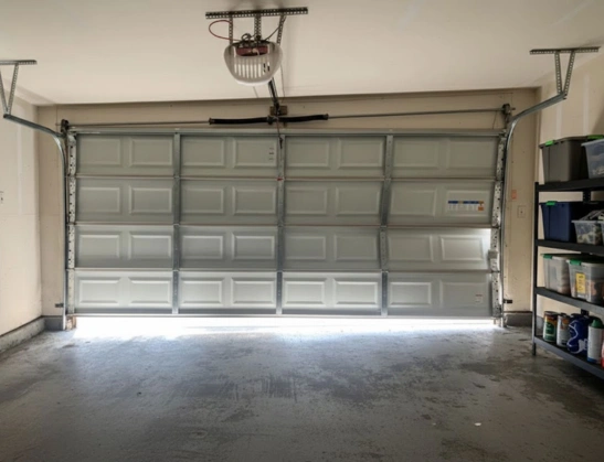 Inside view of a garage door torsion spring and horizontal tracks installed on a 16-foot sectional steel door.