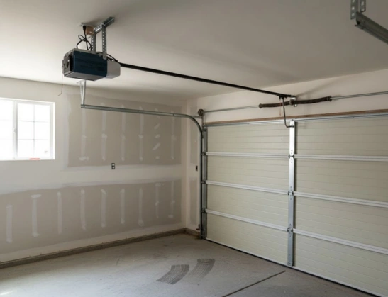 Ceiling-mounted garage door opener and heavy-duty track system installed on a white sectional door by Greer Garage Doors.