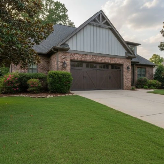 Dark bronze carriage house garage door with X-pattern overlays and decorative windows on a brick and board-and-batten residential home by Greer Garage Doors.