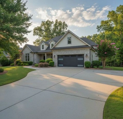 Premium garage door installation in Greer, SC, featuring a modern insulated black door with frosted glass window panes and a concrete driveway.