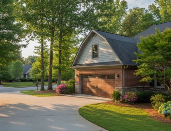 Premium oak-finish wood grain garage door with Stockton windows installed on a luxury brick home with a gambrel roof by Greer Garage Doors.