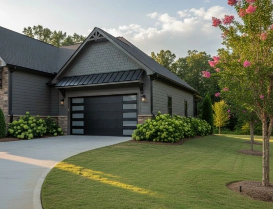 Modern black flush-panel garage door with frosted vertical side windows on a luxury craftsman home featuring gray shake siding and stone by Greer Garage Doors.